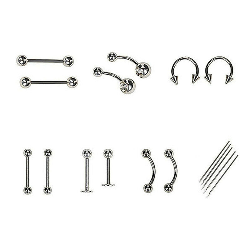 20 PCS/Set 14/16G Body Piercing Kit Needle Belly Eyebrow Nipple Nose Lip Rin Kt