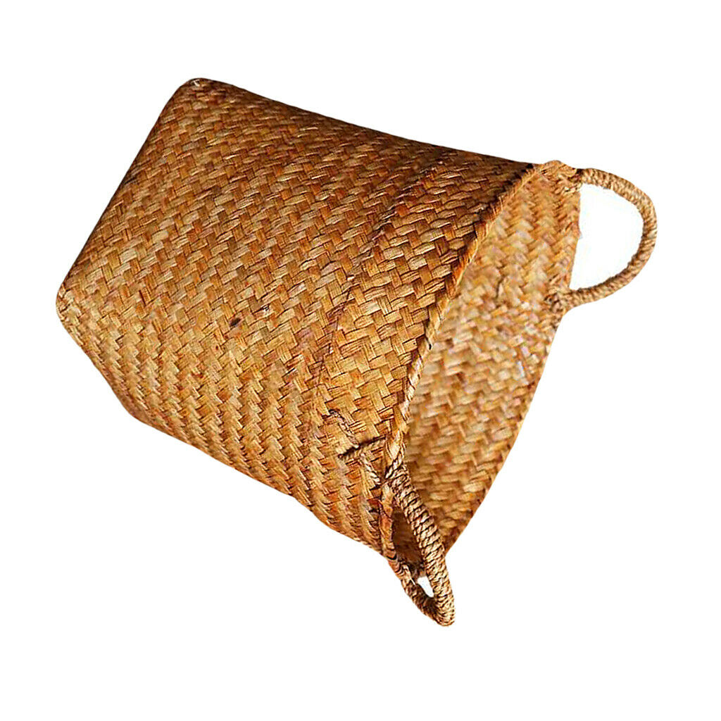 2x Rattan Straw Storage Basket Handcrafts for Grocery Bag Flowerpots 15x18cm