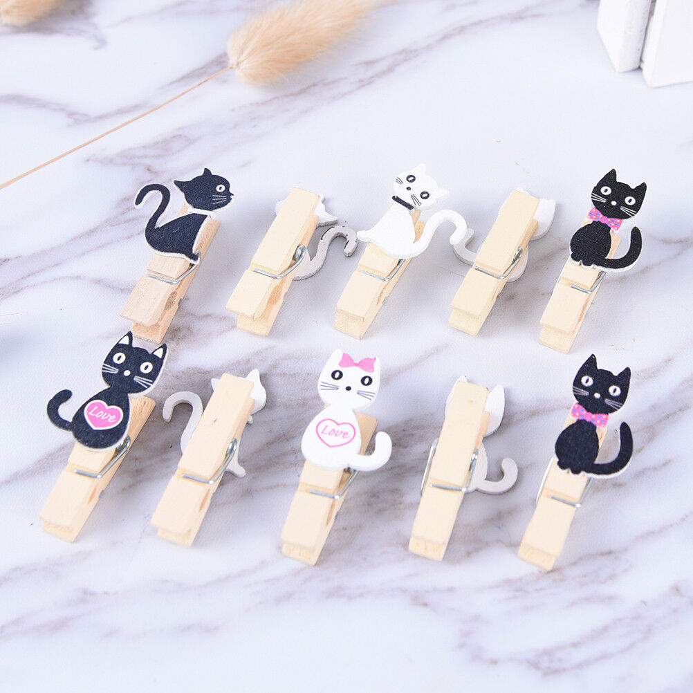 10x Cute cat wooden clips with hemp rope Mini paper clip for students DIY.l8