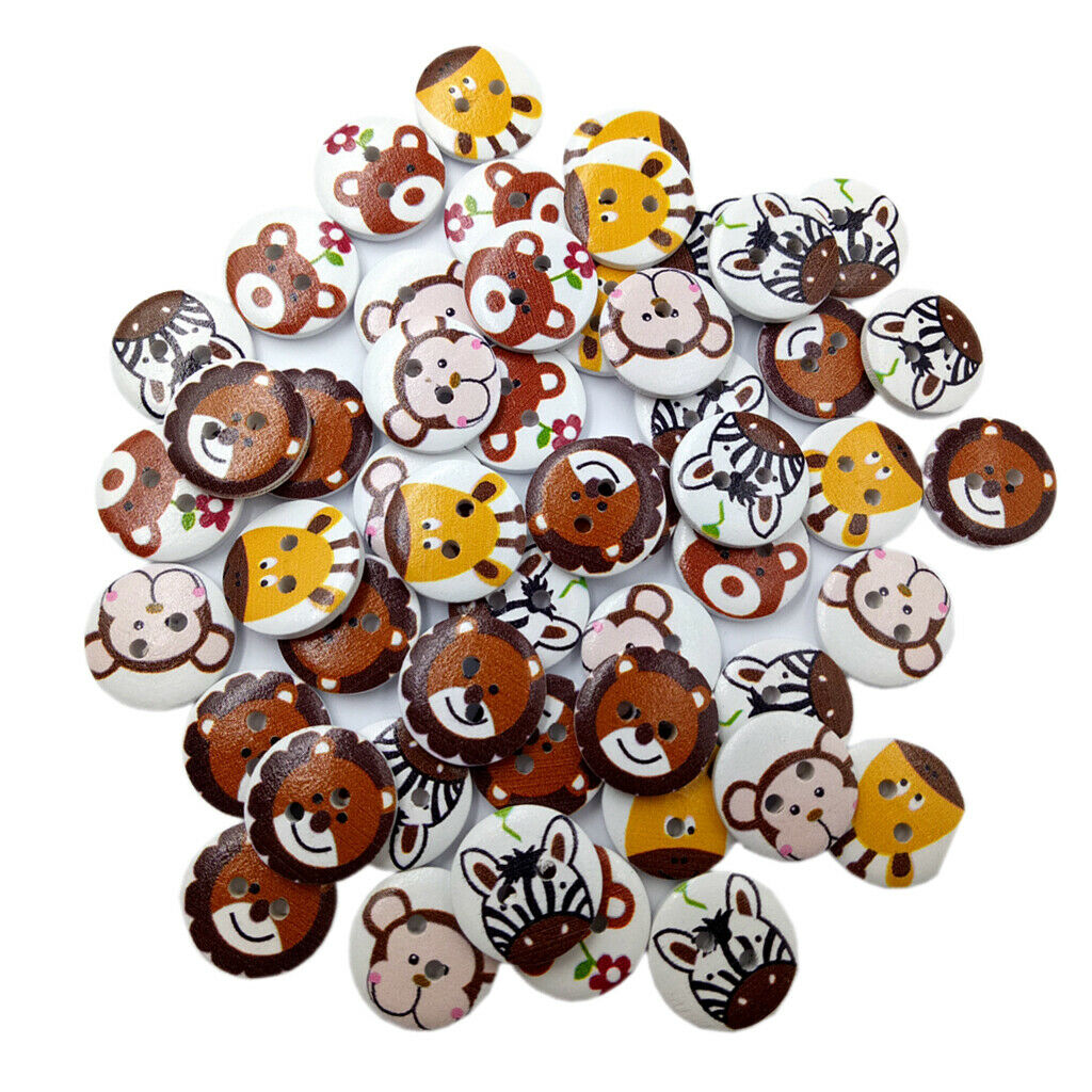 50pcs Painted Wooden Cartoon Animals Buttons Sewing Crafts