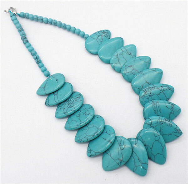 1 Strand Women Green Turquoise Overlapping Flat Teardrop Beads Necklace HH7362