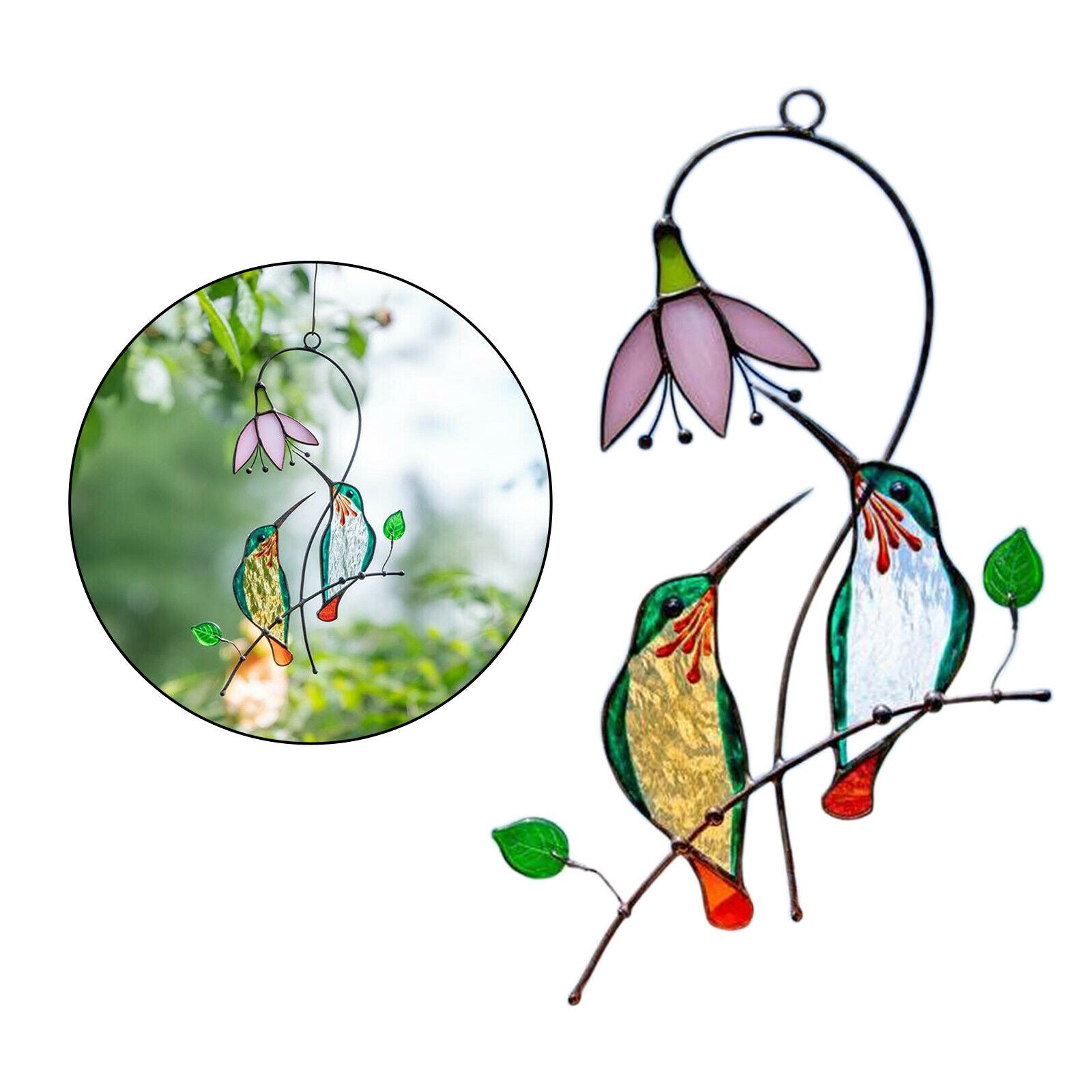 Colorful Hummingbird Stained Glass Hanging Birds Suncatcher Outdoor 7"x5.5"