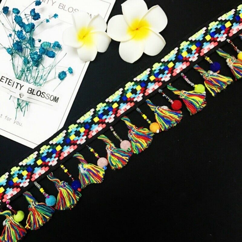 New Ethnic Trimming Boho Bohemian Tassel Fringe Beaded Pom Pom Edging DIY Sewing