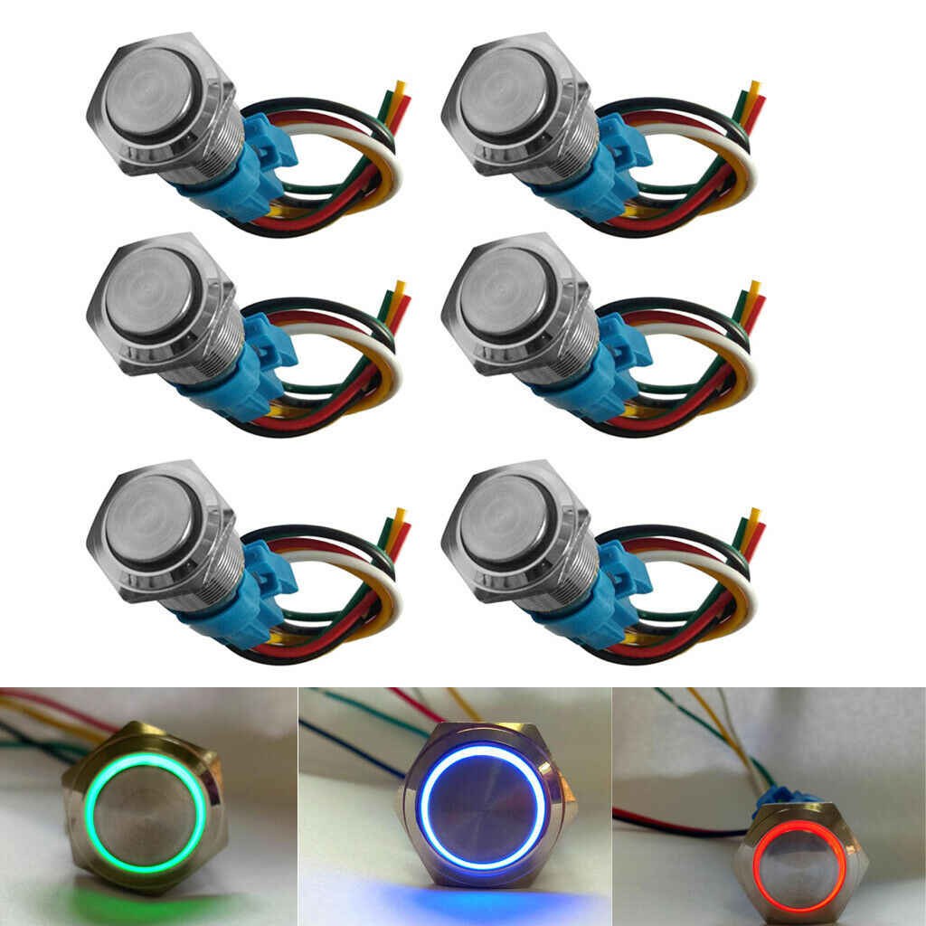 6PCS 220V LED 16mm Self-lock Push Button Switch w/ Wire Red+Blue+Green