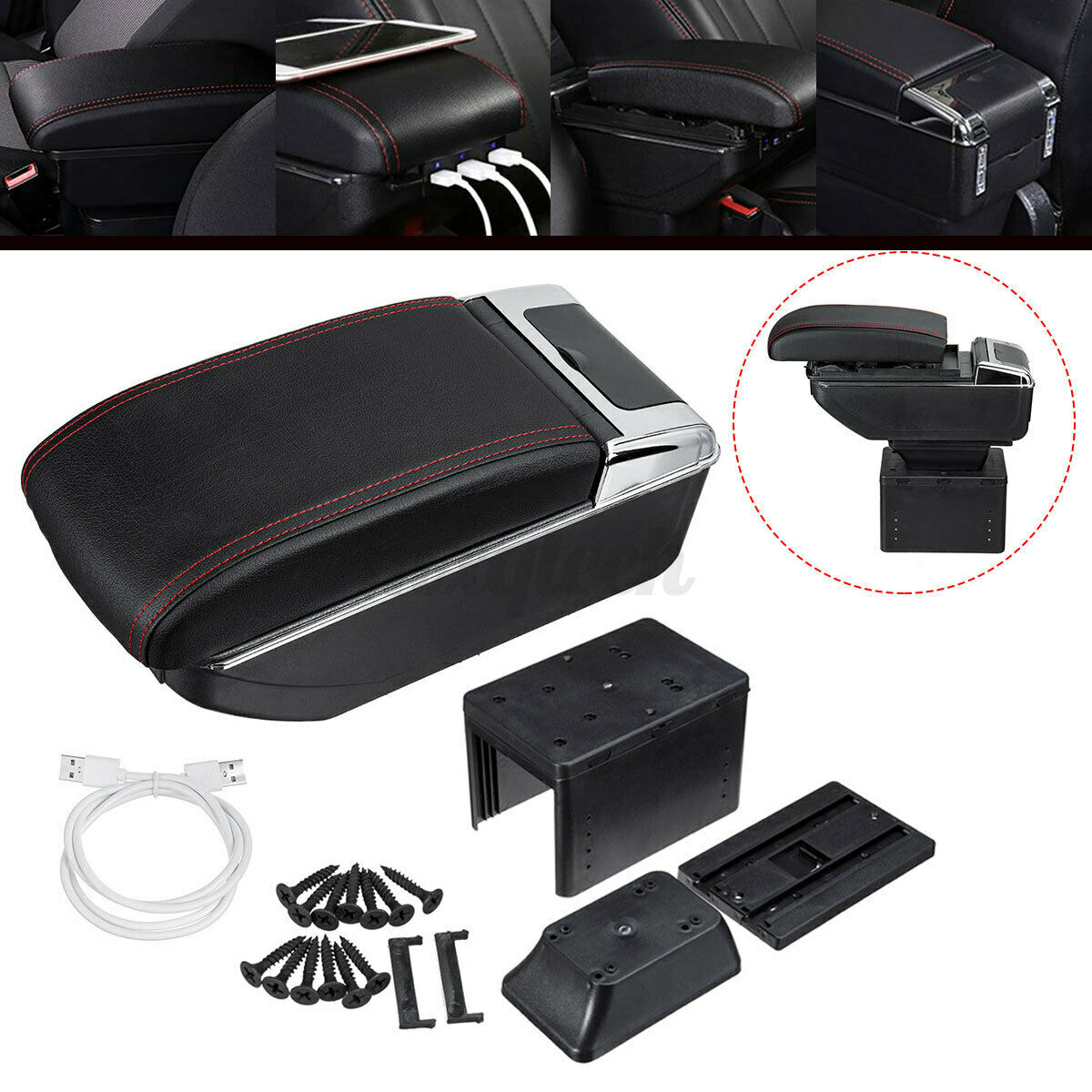 Universal USB Storage Arm rest Cushion Armrest Centre Console Box Leather