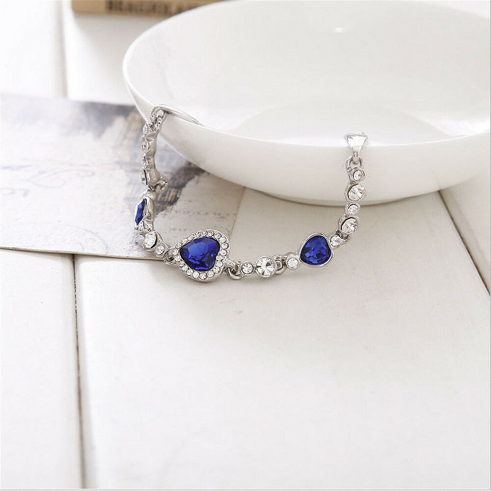 Fine Fashion Women Blue Crystal Rhinestone Heart Charm Bangle Bracelet Gift