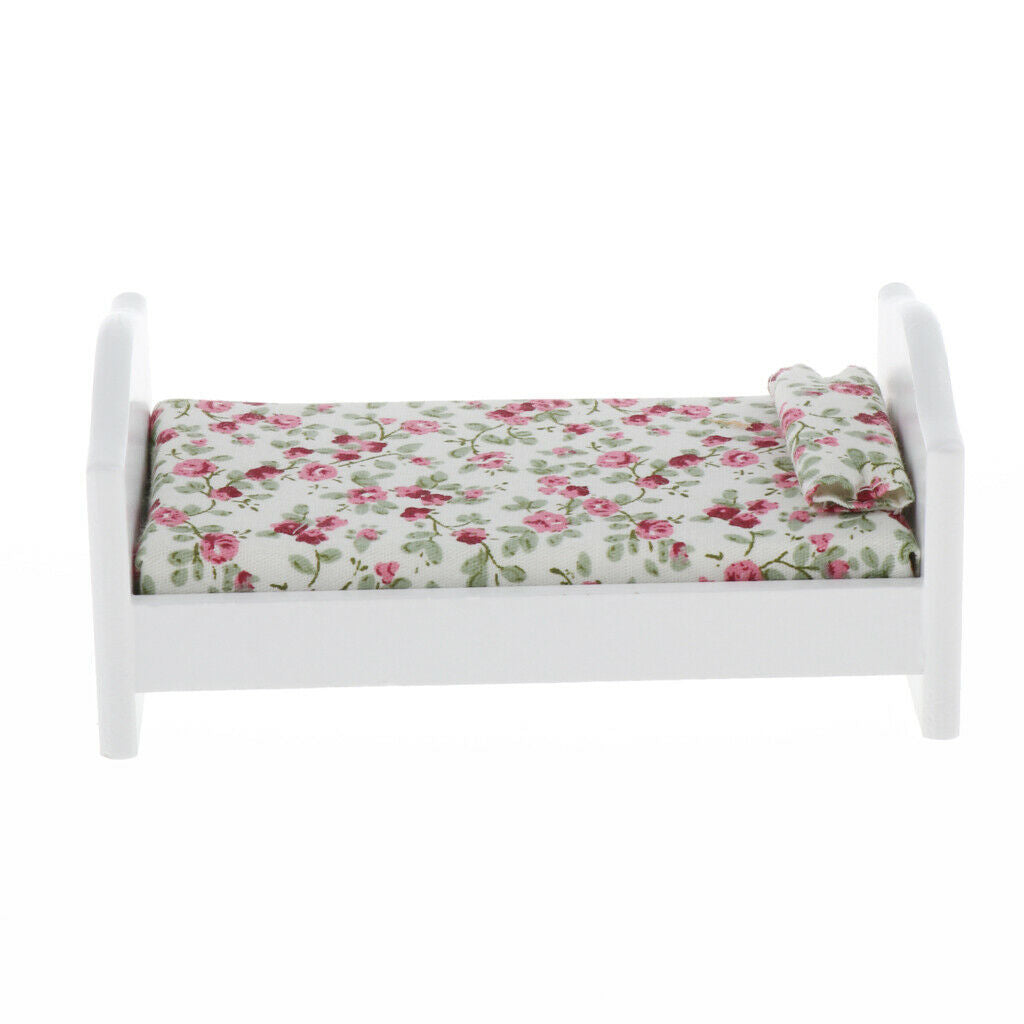 1:12 Scale Single Bed Floral Mattress Bedside Cabinet Furniture Accessory