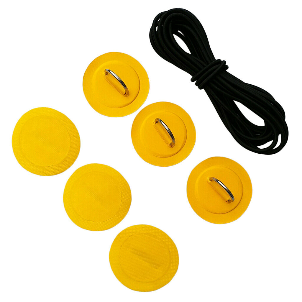 6 Pack Stainless Steel D-ring Patch Yellow Pad + 5m Black Shock Cord for Kayak