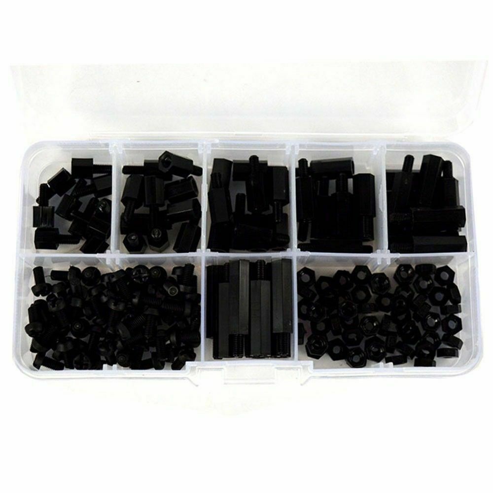 180Pcs Nylon M3 M-F Black Screw Nut Assorted Hex Spacers Stand-off Kit Set + Box