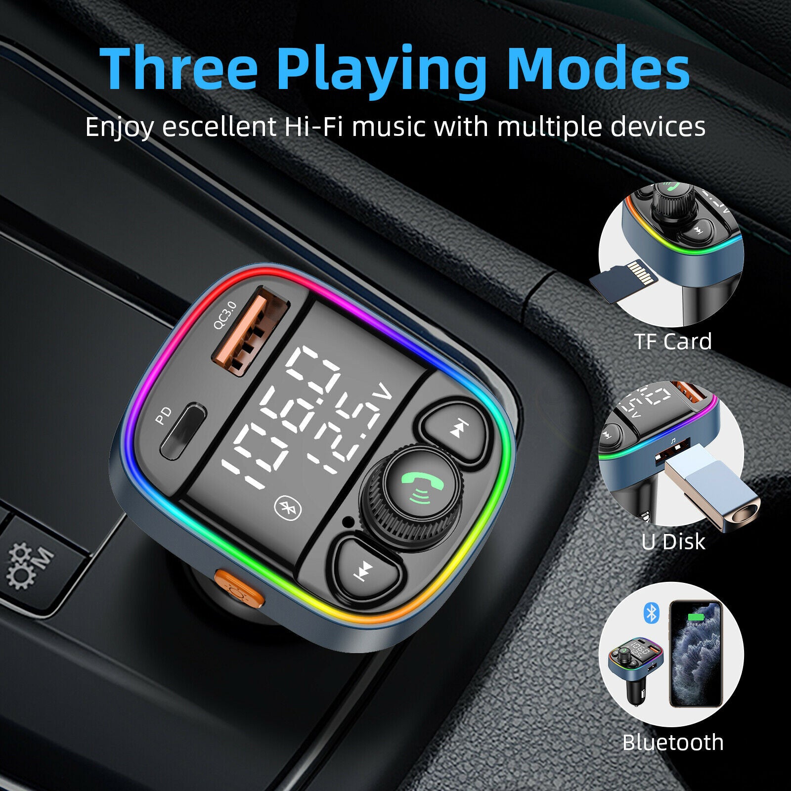 C87B Car Mp3 PD/QC3.0 Bluetooth Car Charger FM Transmitter U Disk Music Player