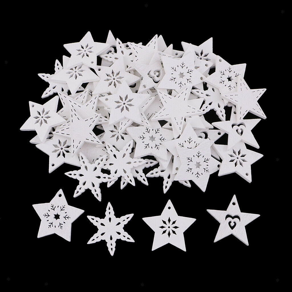 50 Pieces White Wood Cutouts Star Shapes Wood Snowflake Wooden Decoration