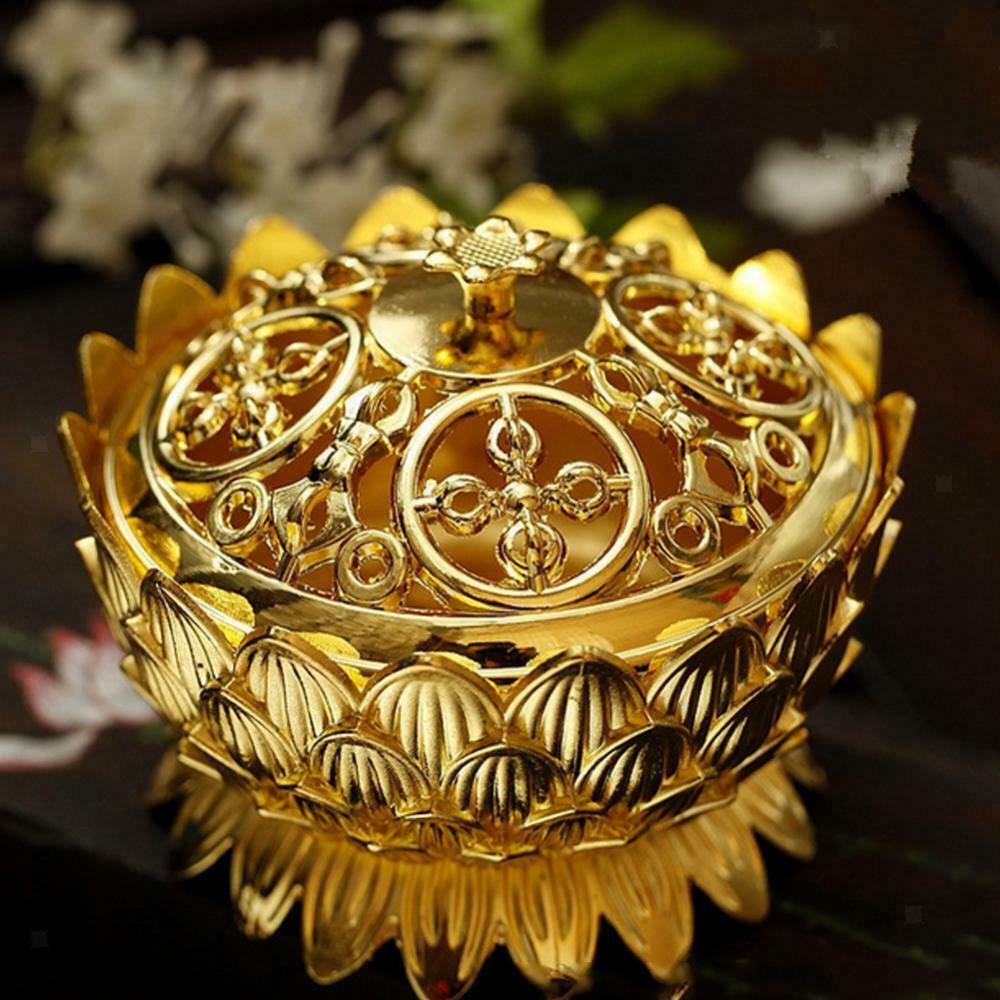 7CM Lotus Incense Burner Holder Chinese Golden Cone Flower Statue Censer