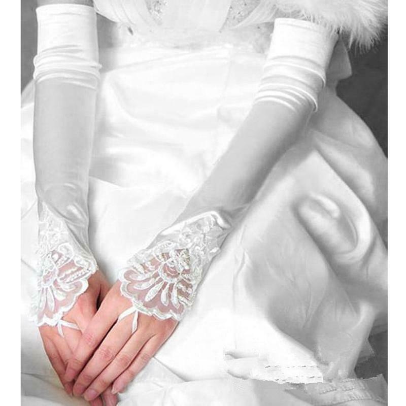Womens Bridal Long Gloves Fingerless Embroidery Lace Trim Beaded Sequins Wedding