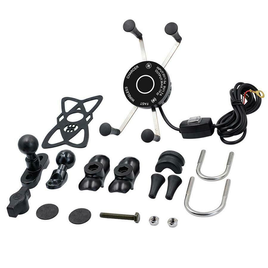 Motorcycle Scooter Wireless + Wired USB Fast Charger Phone Holder w/ Bracket