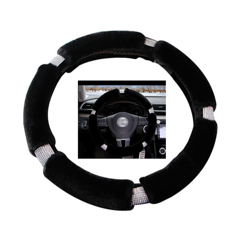 Black 38CM Car SUV Steering Wheel Cover Winter Fur Wool Furry Fluffy Thick Warm