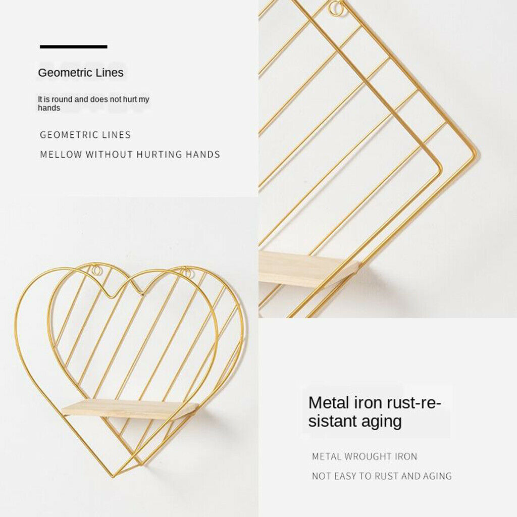 Iron Wall Floating Shelves Bathroom Bedroom Office Decor Golden Heart Shaped