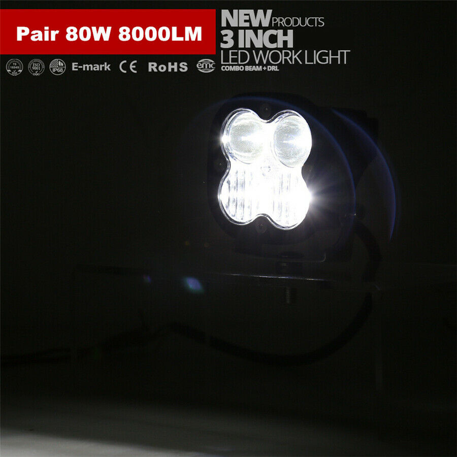 2 Pcs Cool 3.1" 80W 8000LM LED Work Light Bar Combo For Truck Car ATV SUV ATV