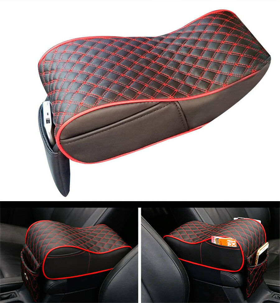 Black & Red Car Armrest Box Mats Universal PU Leather Pad Premium Interior 1x