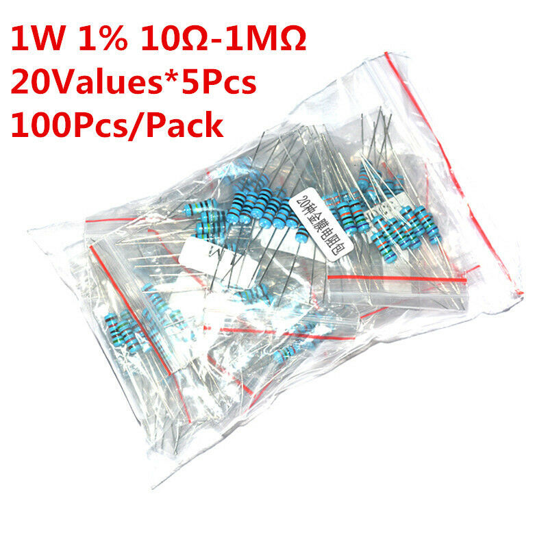 100Pcs 20Values 10-1M Ohm 1W 1% Metal Film Resistor Assortment Kit Assorted Set