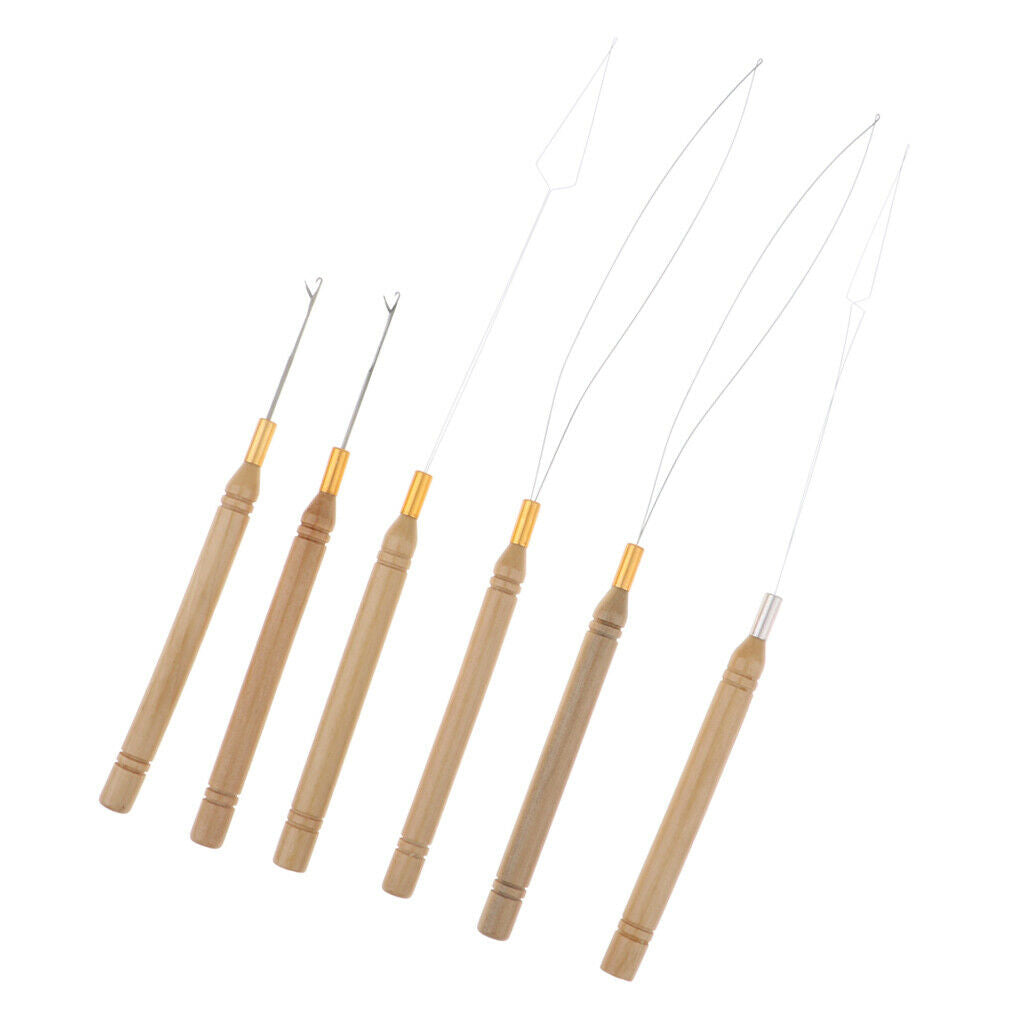 6Pcs Wooden Hair Extensions Loop Needle and Threader Hook Pulling Tools Set