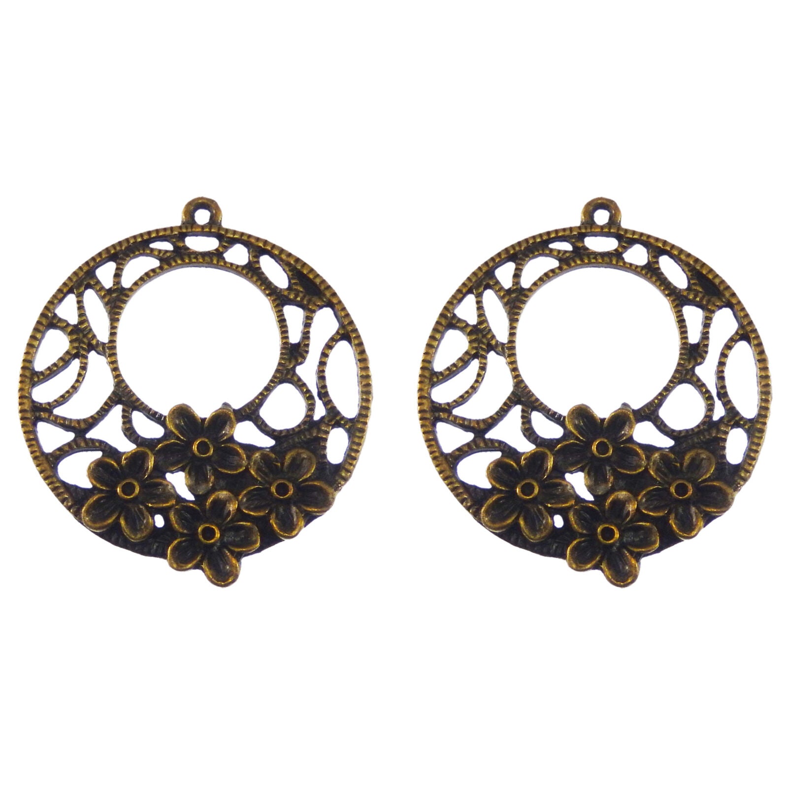 12 pcs Antiqued Bronze Alloy Hollow Floral Charm Round For Pendant Dangle 35mm