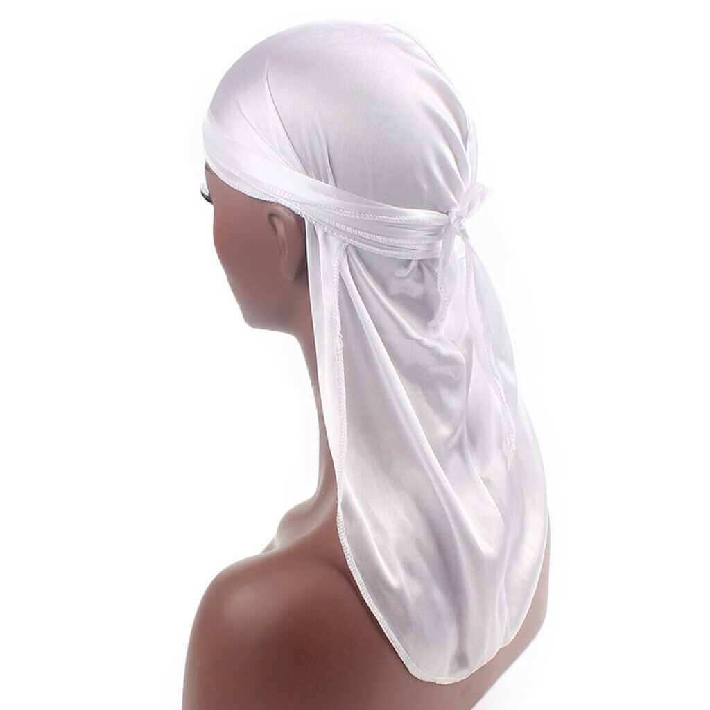 Unisex Soft Silky Durag Long Tail Wave   Headwrap Headscarf Headwear White