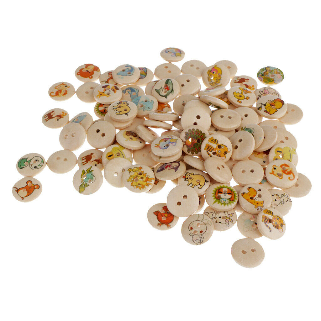 100x Round Animals Printed Wooden Flatback Buttons for Kids Crafts DIY 15mm