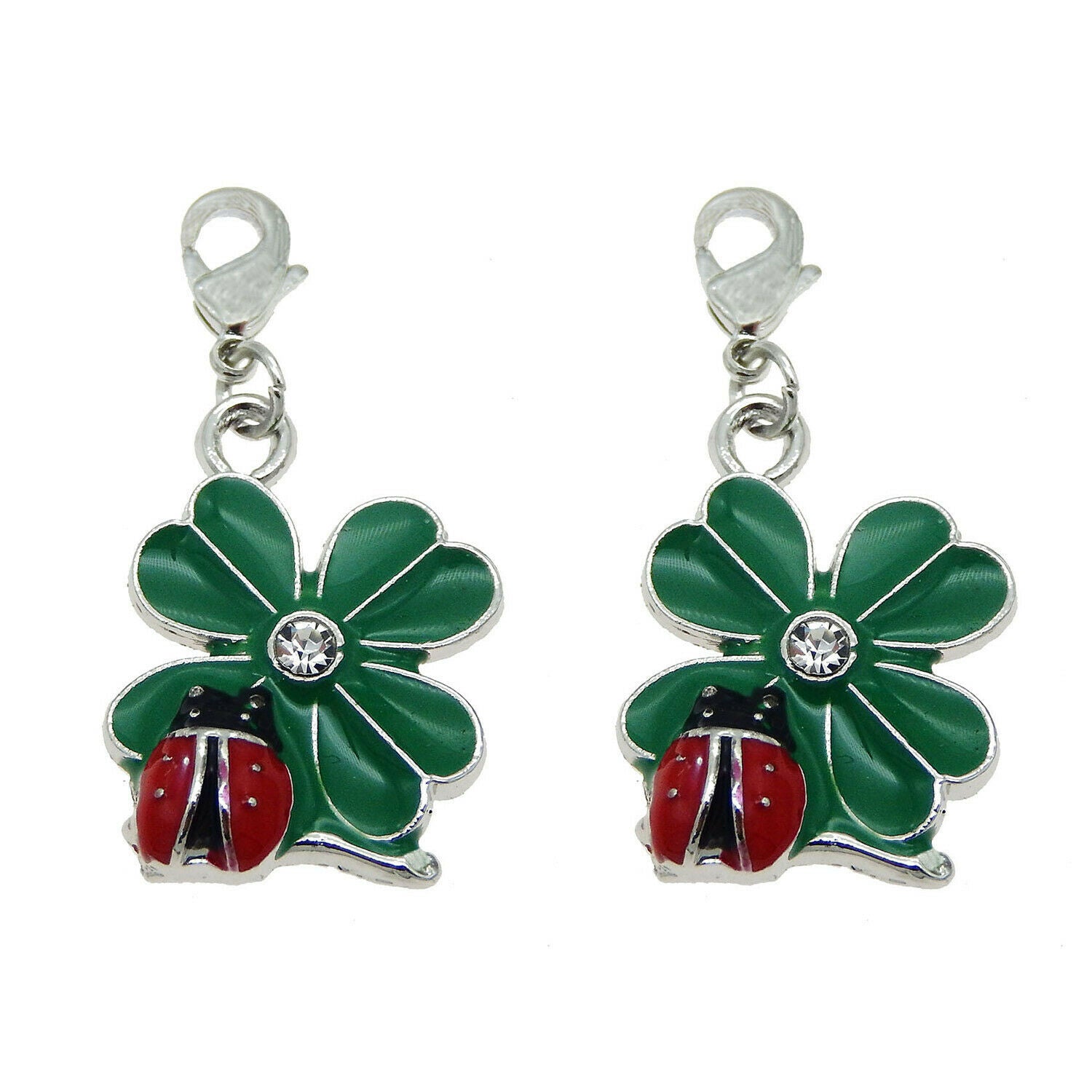 8-pack Green Enamel Clover Ladybug Charm Lobster Clasp Pendant Keychain Dangles