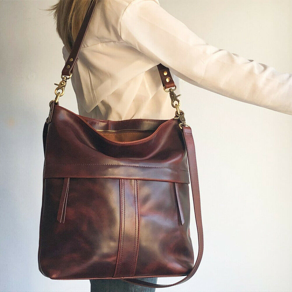 Women Pure Color Crossbody Bag Retro PU Leather Large Capacity Tote Handbag @