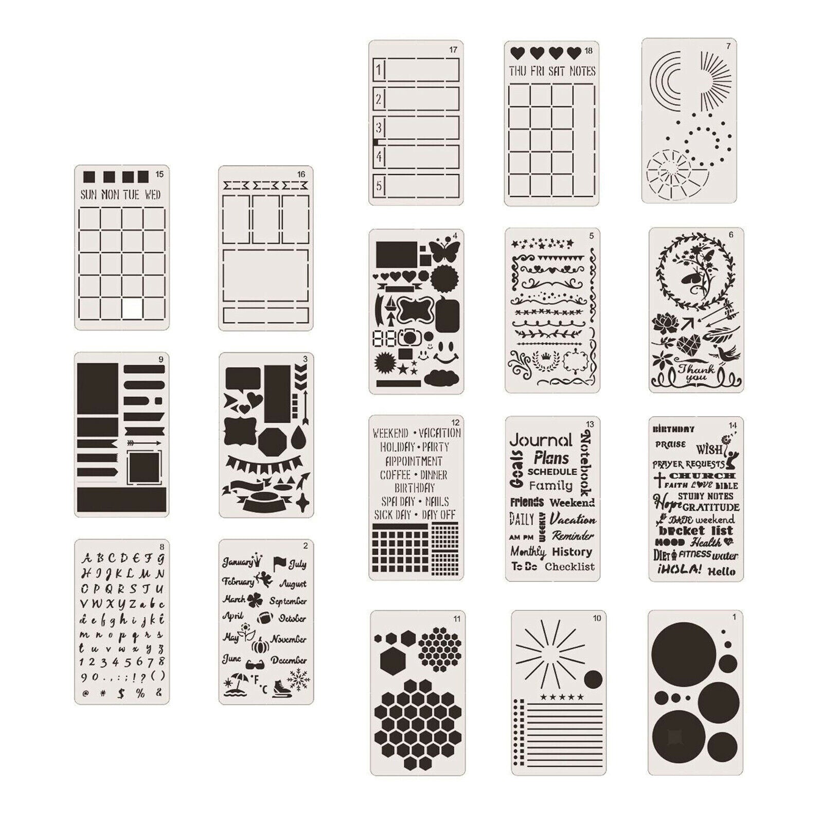 18x Paint Stencils Drawing Template Washable Reusable A5 Book Card Journal Decor