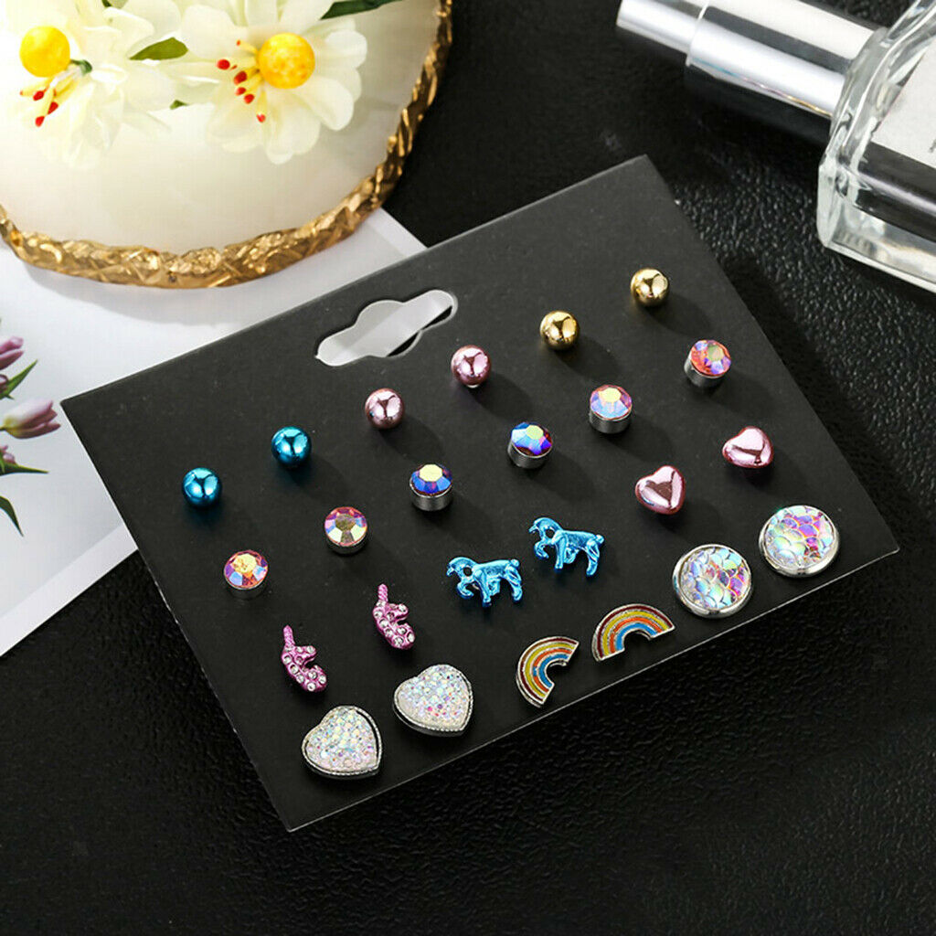 12 Pairs Set Girls Cute Animals Heart Rainbow Unicorn Stud Earrings Set