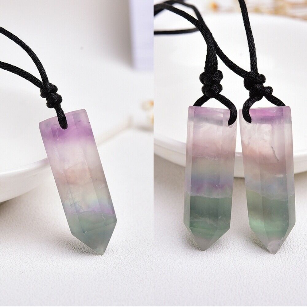 Purple Green Fluorite Pendant Necklace Crystal Quartz Natural Fluorite Wand Gift