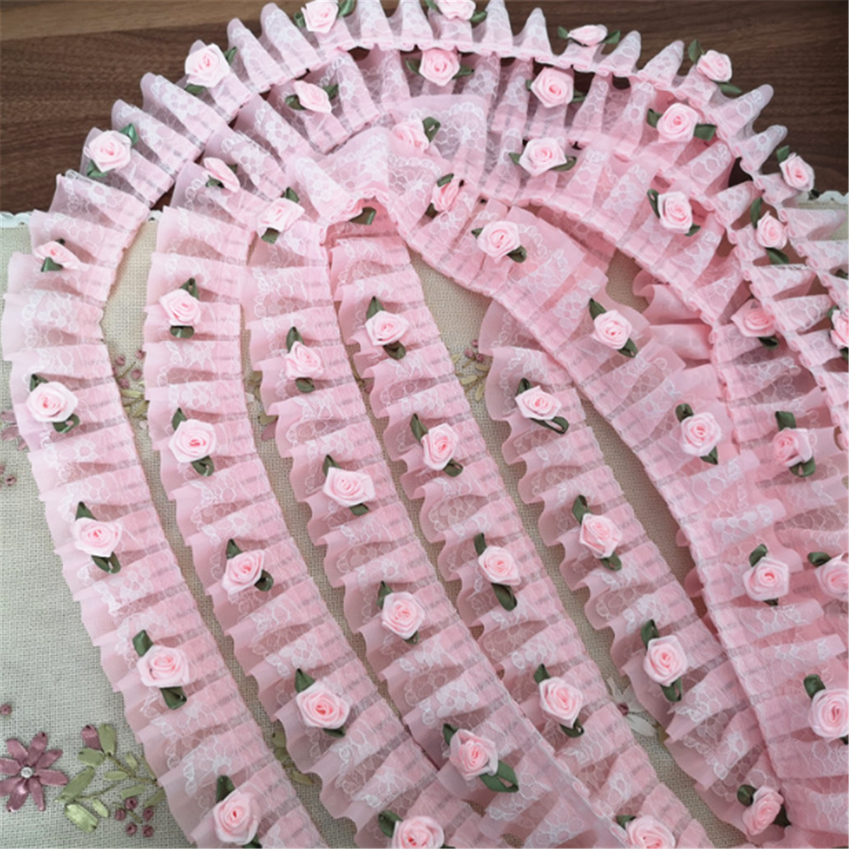 1M Pink Rose Flower Frill Ruffle Lace Trim Chiffon Pleated Ribbon DIY Craft