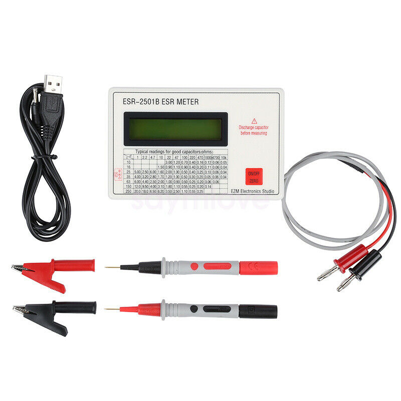 ESR2501B Capacitor ESR DCR Tester Test In Circuit Capacitance Meter w/ Test Clip