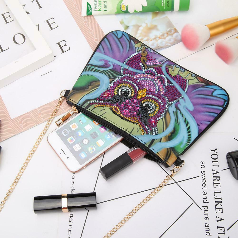 DIY Owl Special Shaped Diamond Painting Leather Crossbody Bags Chain Clutch @