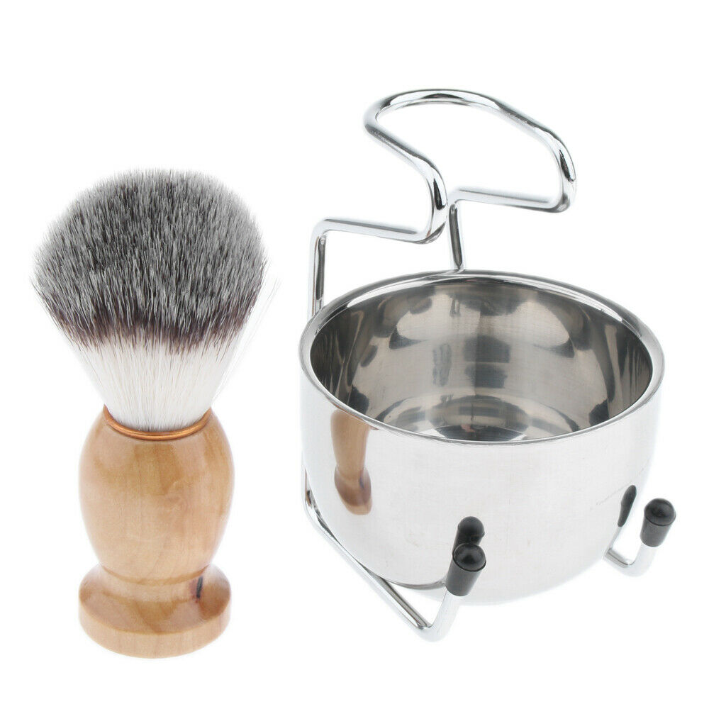 3x Premium Wood Shaving Brush Bowl Mug Cup Stand Holder Kit Set For Men