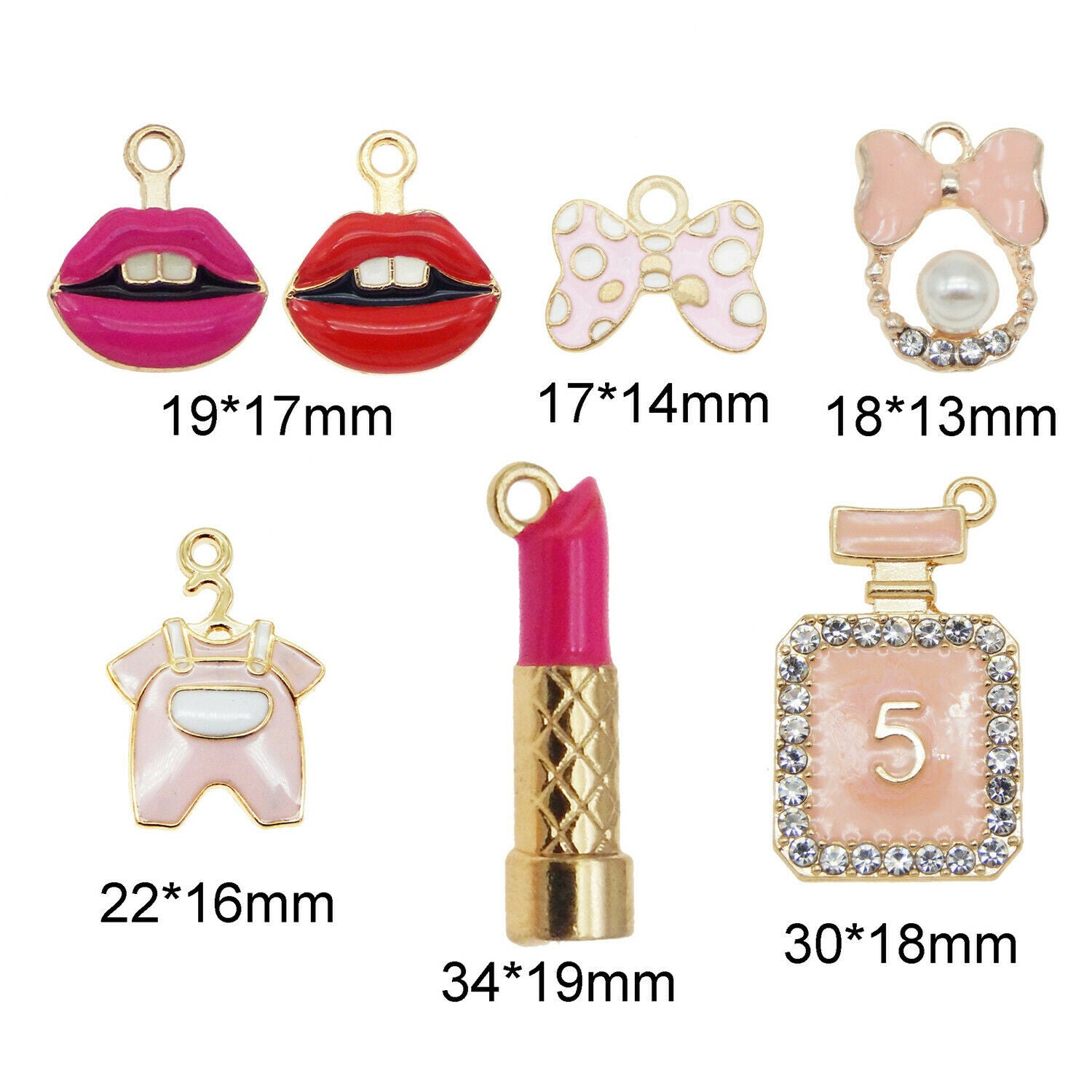 14 PCS Assorted Pink Women Cosmetic Enamel Charm Lipstick Bowknot Alloy Pendant