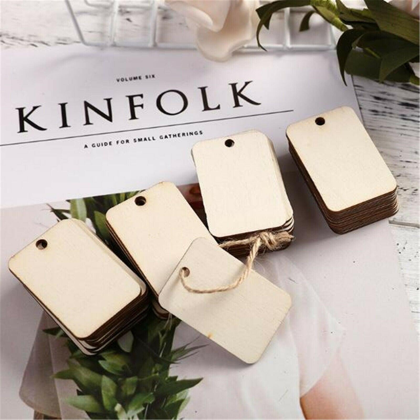 50PC Personalised 52x35mm Square Wood Piece Hanging Pendant Decoration with Cord