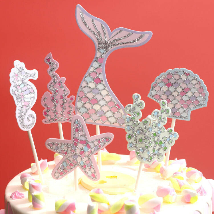 1 Set Mermaid Seashell Cake Topper Glitter Wedding Birthday Party Decor Supplies
