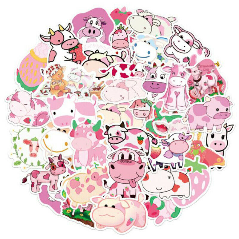 50Pcs Cartoon Pink Strawberry Cow Stickers Laptop Skateboard Luggage StickerBU