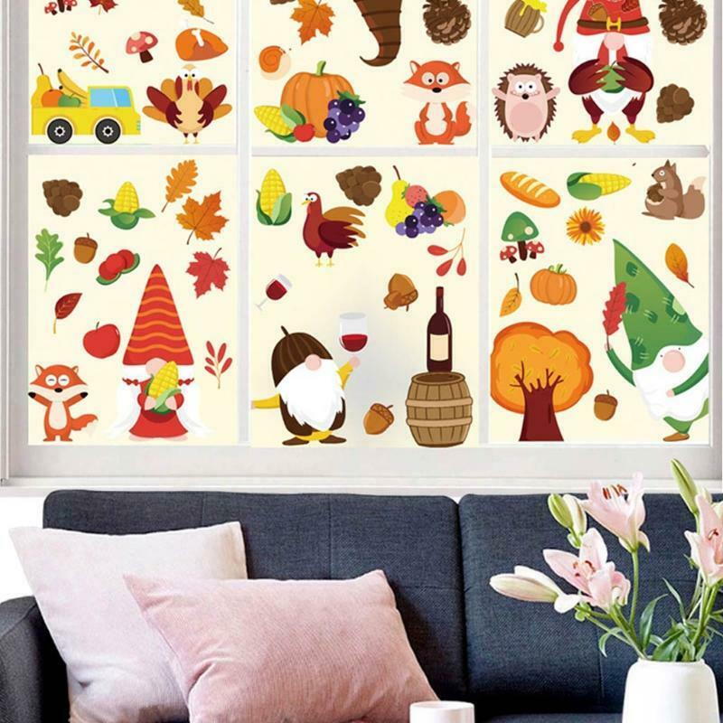9 Pcs Thanksgiving Gnome Window Cling Stickers Maple Leaf Corn Harvest Festival