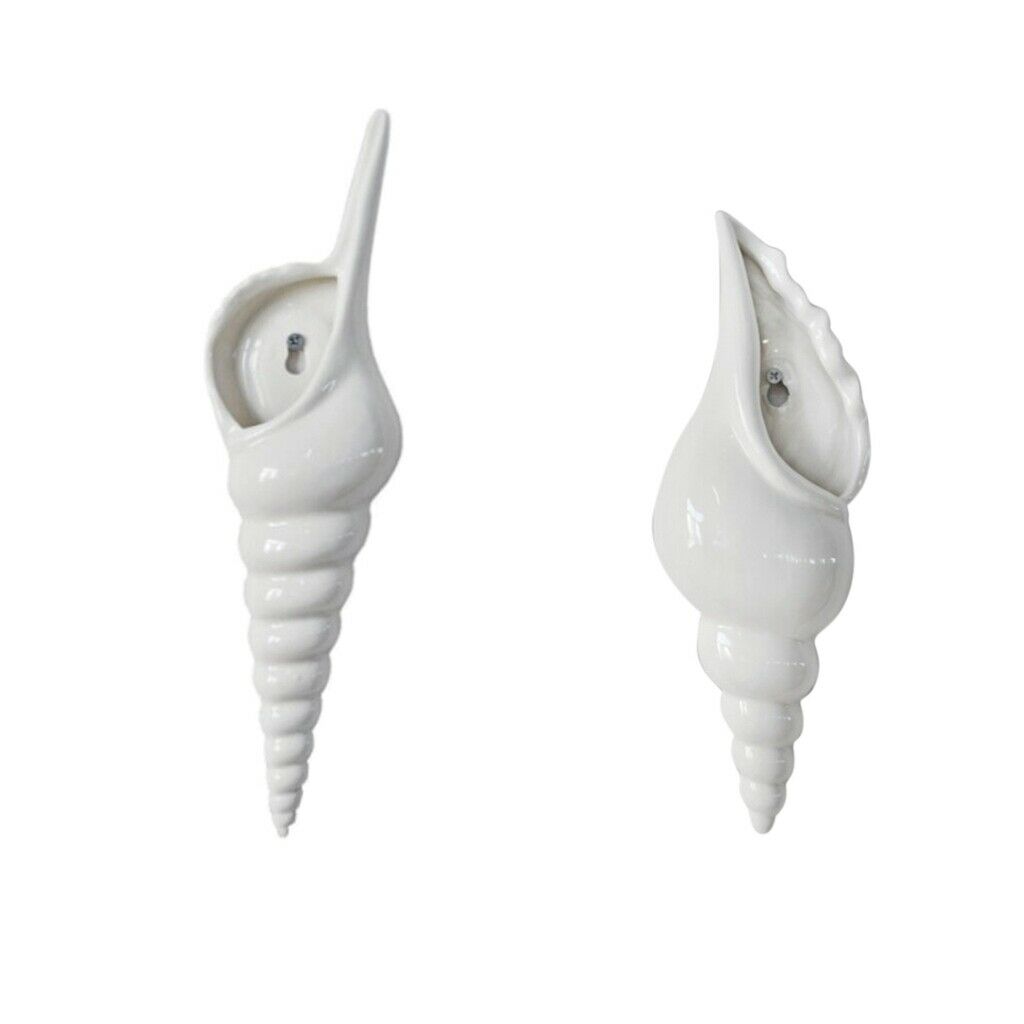 Set 2 Modern White Ceramic Sea Shell Conch Flower Vase Wall Hanging Decor