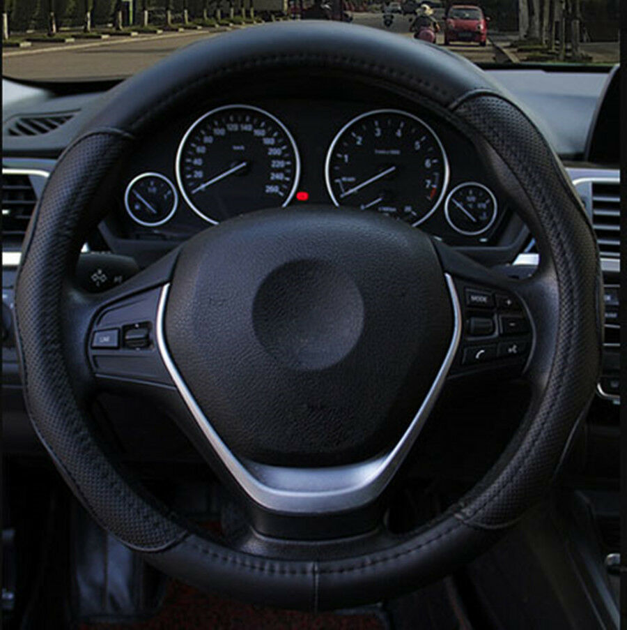 38cm Black PU Leather Car Steering Wheel Cover Skid-proof Fashion Sport Design