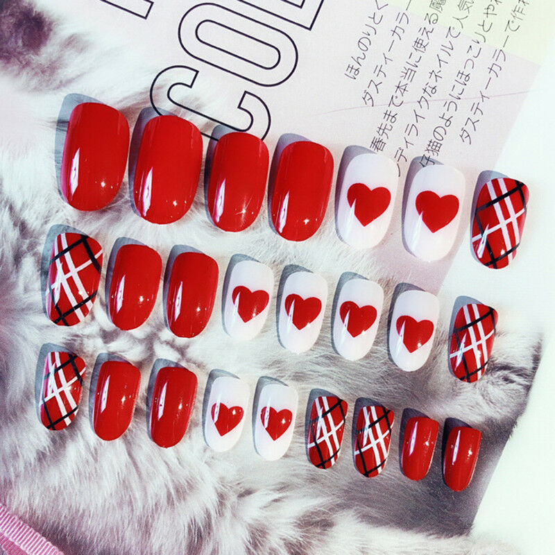 red heart acrylic nail tips short false nails art fingernails 24pcs/set JcJ.DD