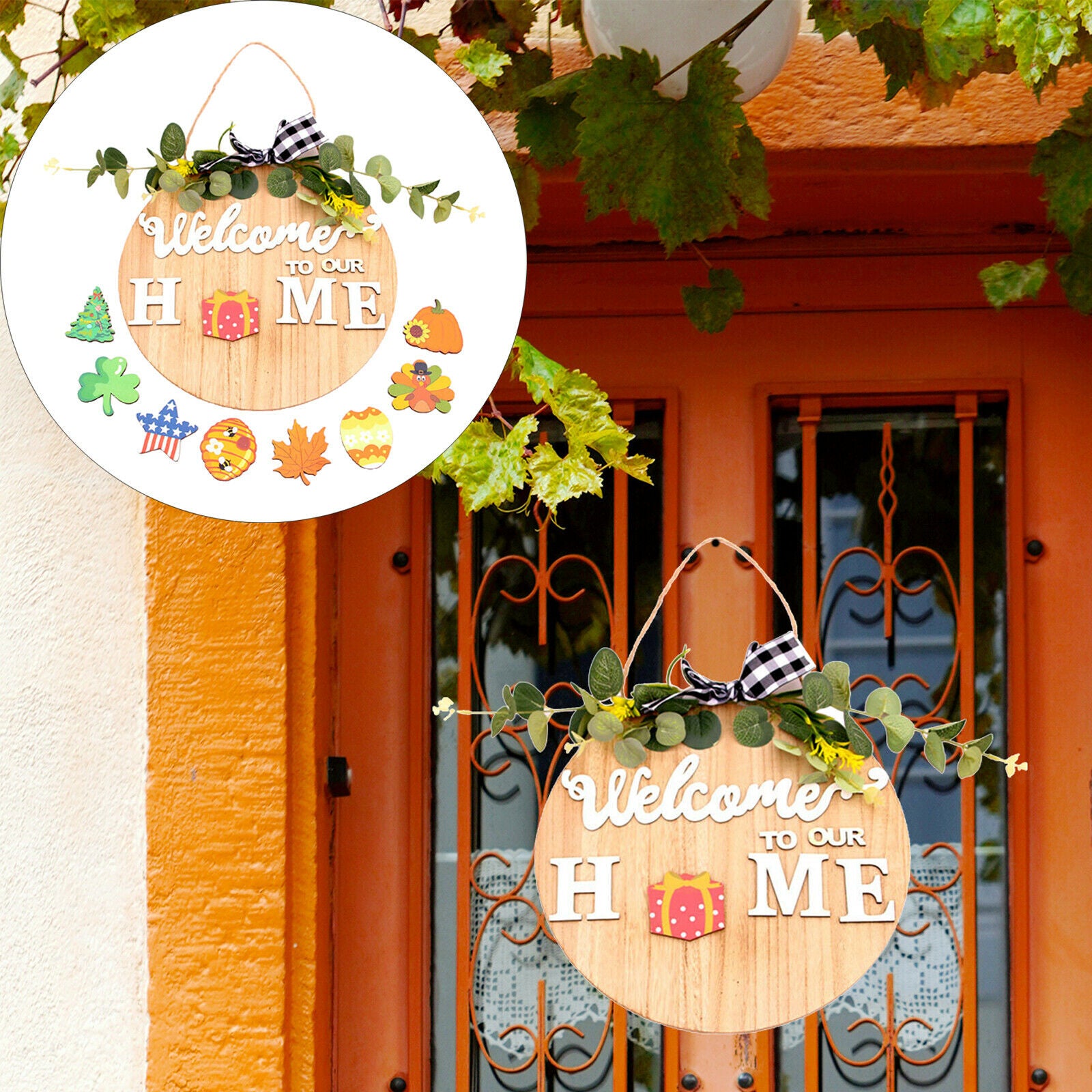 Front Door Decor Wooden Seasonal 11.8 inch Round Icons for All Seasons
