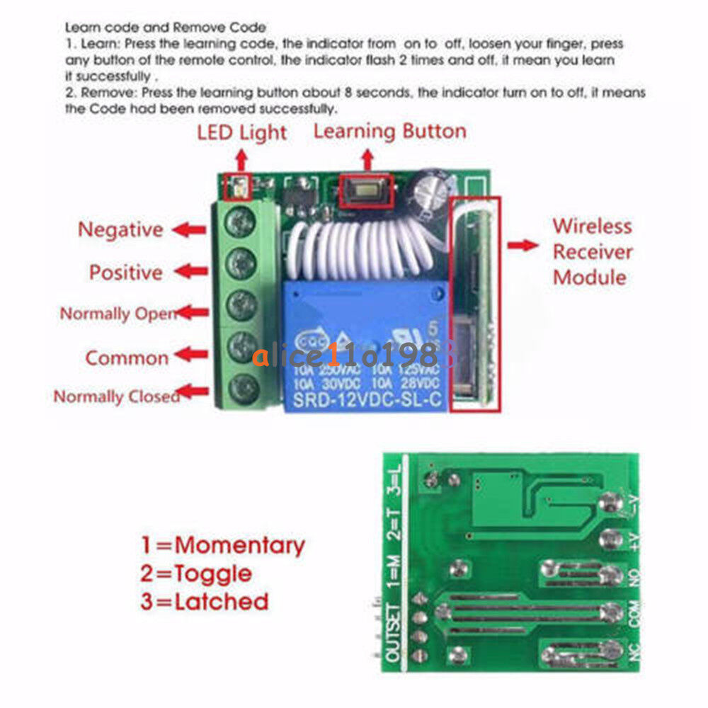 315MHz DC12V 10A 1-Channel Wireless Relay RF Remote Control Switch Receiver SRD