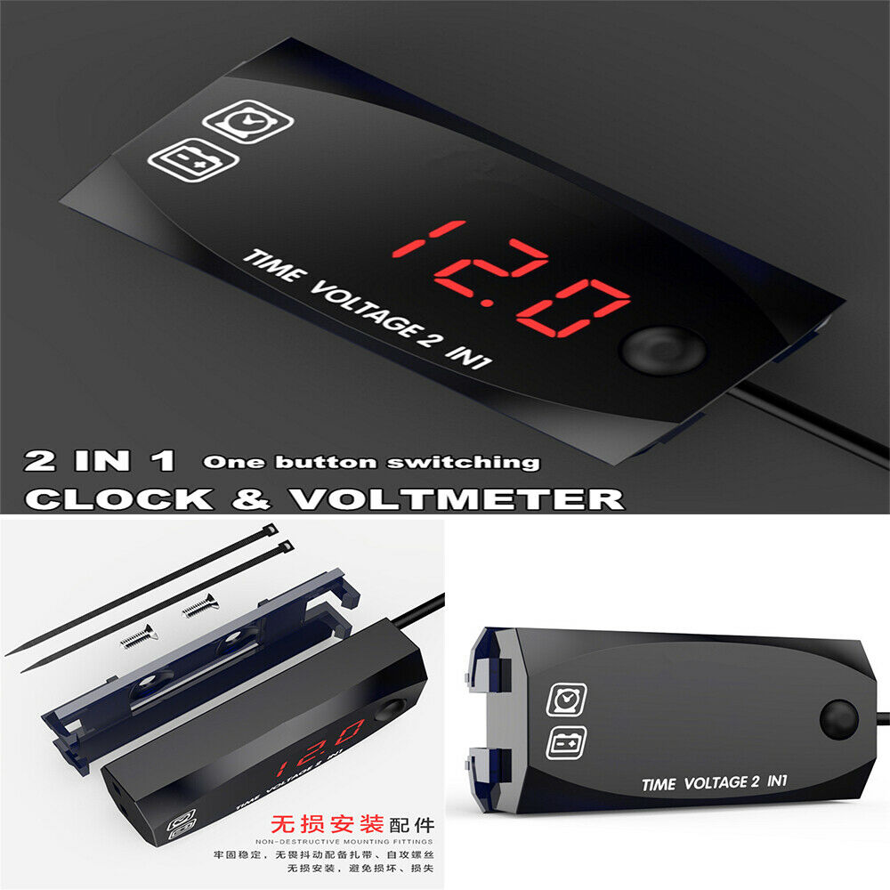 2 in 1 Design Mini Size Car Voltmeter & Clock Red LED Digital Display Waterproof
