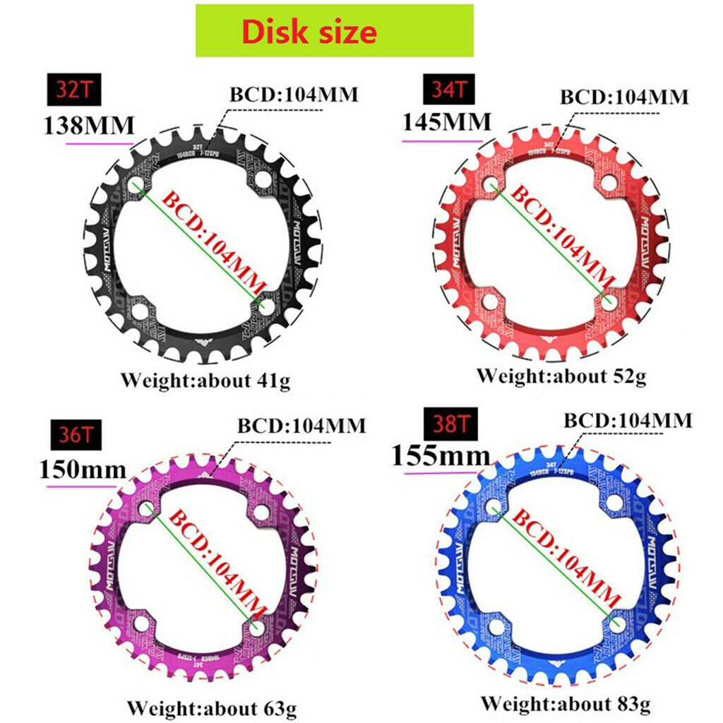 Bike Chainring 104 BCD Narrow Wide Chain Ring Chainwheel Sprockets Red 38T