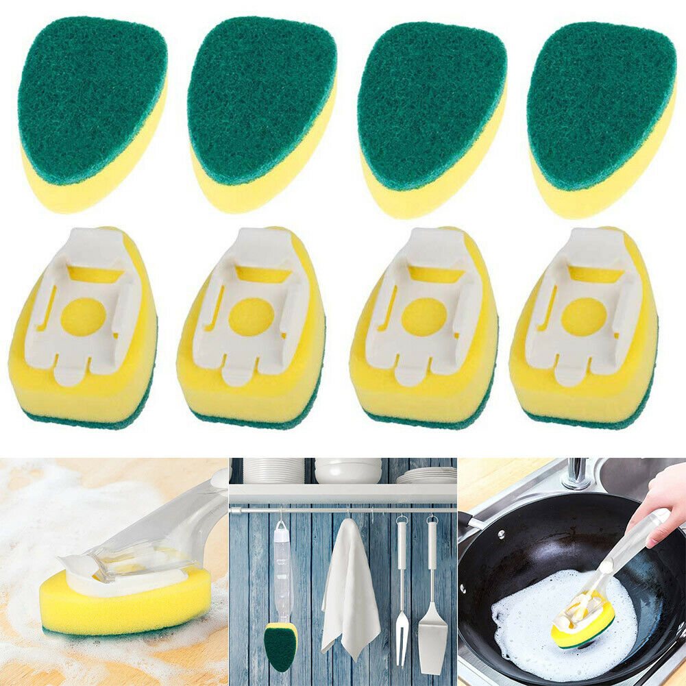 8Pcs Dishwand Refill Head Sponges Dish brush W/Soap Dispenser Strong Stick Force
