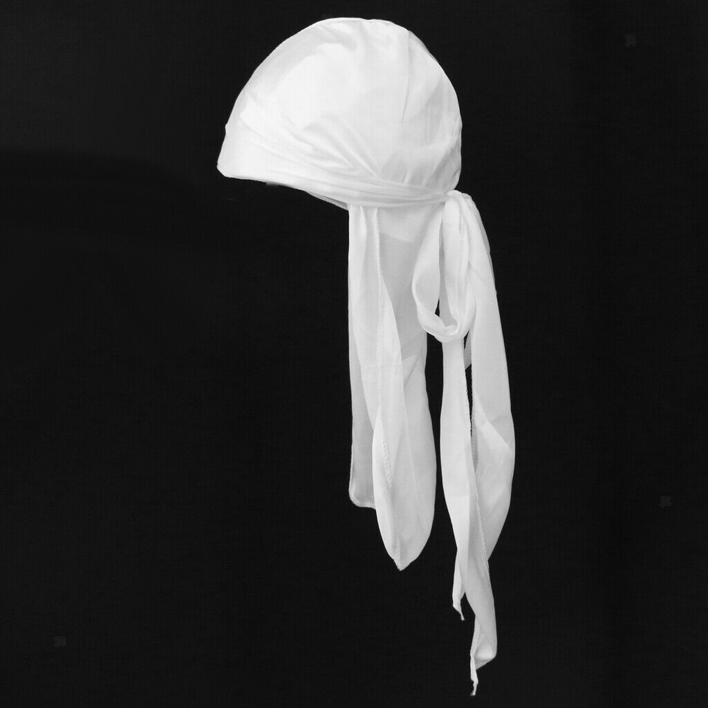 Unisex Soft Silky Durag Long Tail Wave   Headwrap Headscarf Headwear White